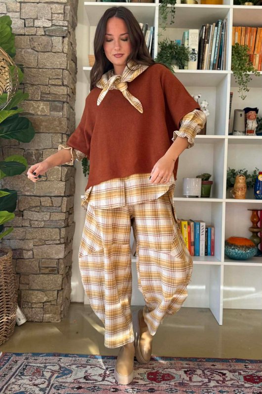 Agnes Plaid Brushed Cotton Barrel Pant Soft Dijon